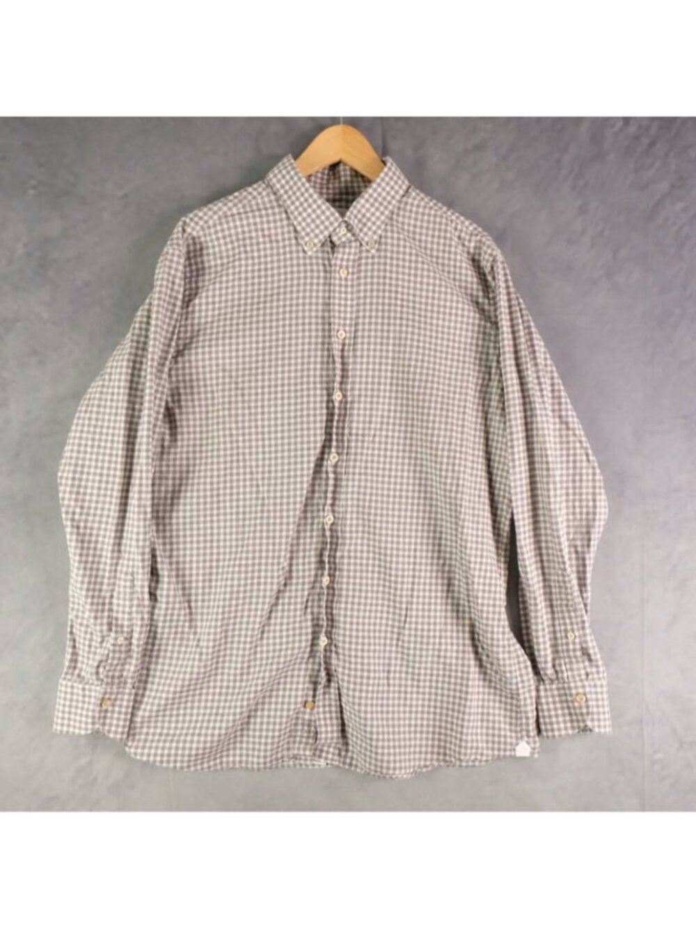Emmanuel Berg Shirt Mens 17.5 Brown White Gingham Slim Fit Button Down Casual